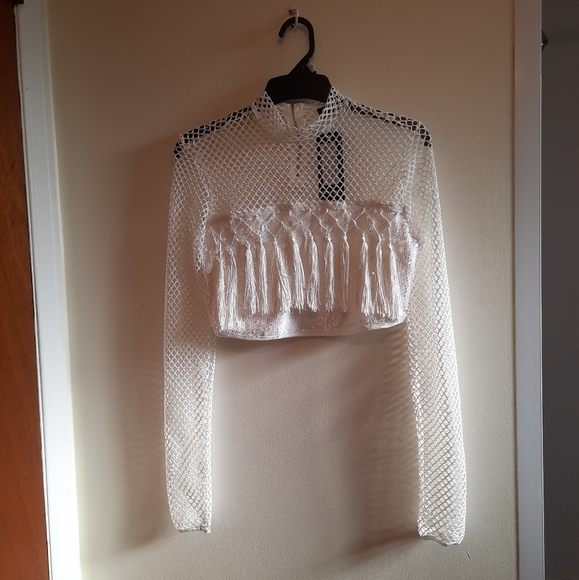 Nasty Gal Catch Me If You Can Fisnet Sequin Tassel Crop Top White - Picture 4 of 15